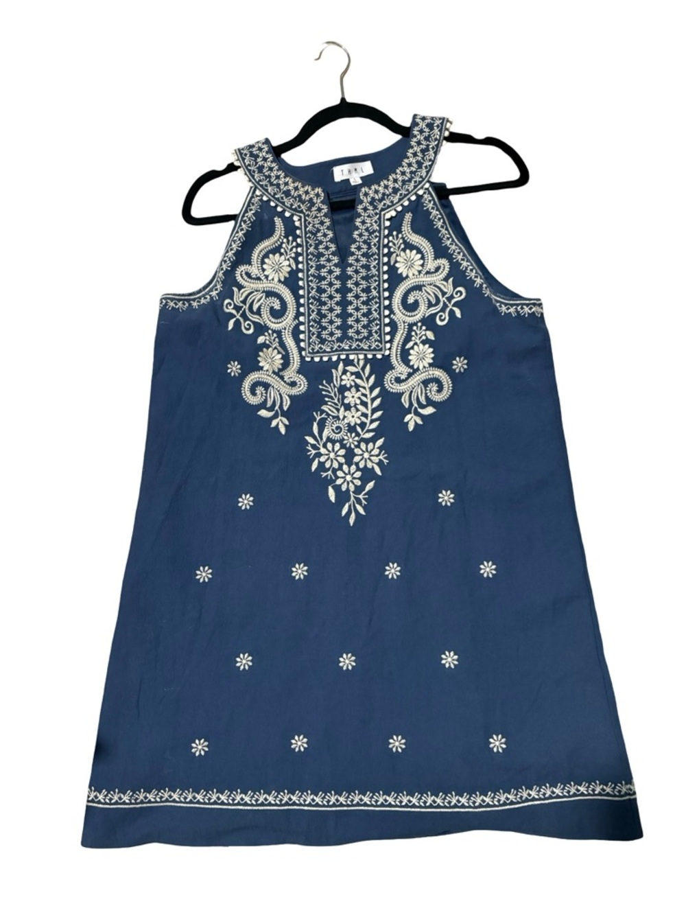 THML Blue Embroidered Halter Neck Shift Dress Size Large Boho Pom Pom Trim
